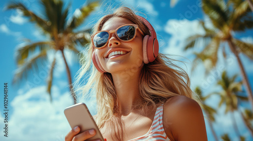 Relaxed beachgoer enjoying music with headphones under palm trees, radiating happiness and tranquility. sunny atmosphere enhances joyful experience