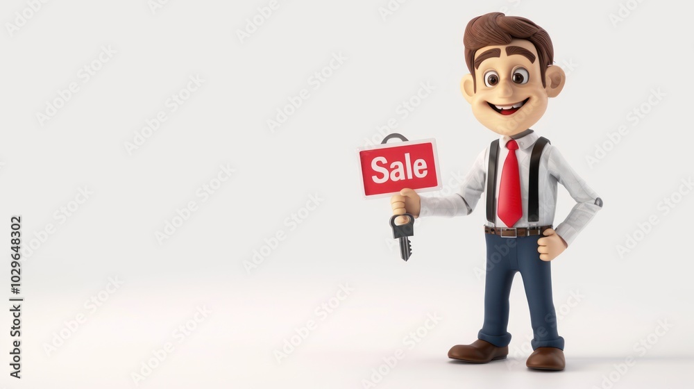 Cartoon Man Holding a Sale Sign and Key Cartoon Man Holding a Sale Sign and Key