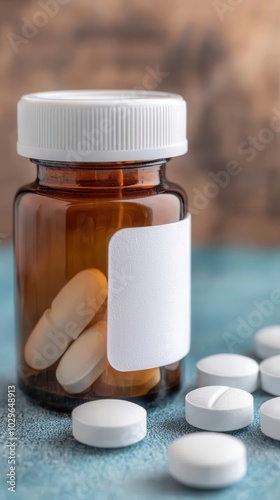 Pill bottle with white label, blue background, and scattered pills.