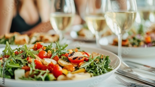 Fresh salad with colorful vegetables and white wine glasses in the background on an elegant dining table.