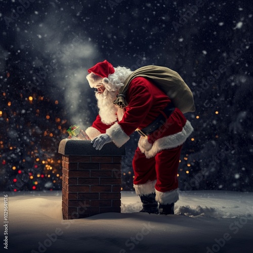 Santa Claus with a bag of gifts climbs into the chimney; snowy night