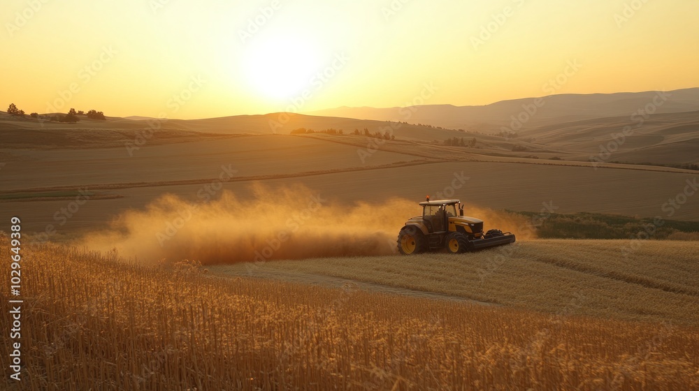 Fototapeta premium Tractor Cultivating a Field at Sunset