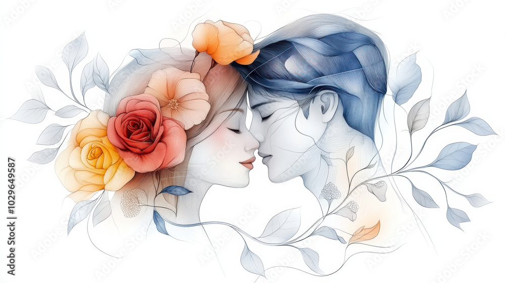 vibrant portrait of couple in love, surrounded by delicate flowers and soft colors, captures essence of romance and connection. artistic style enhances emotional expression beautifully vibrant portrait of couple in love, surrounded by delicate flowers and soft colors, captures essence of romance and connection. artistic style enhances emotional expression beautifully