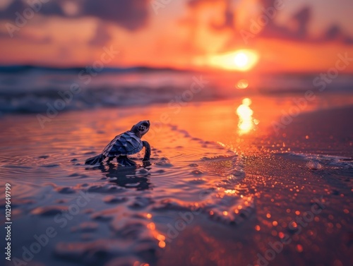 A tiny sea turtle embarks on its first journey at sunset by the ocean - ai photo