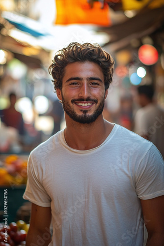 A young Middle Eastern man, years old, in a plain white t-shirt, standing in a bustling market, front view, smiling, vibrant colors.