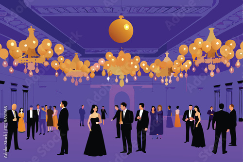 A grand ballroom New Year's Eve party with elegant couples celebrating.