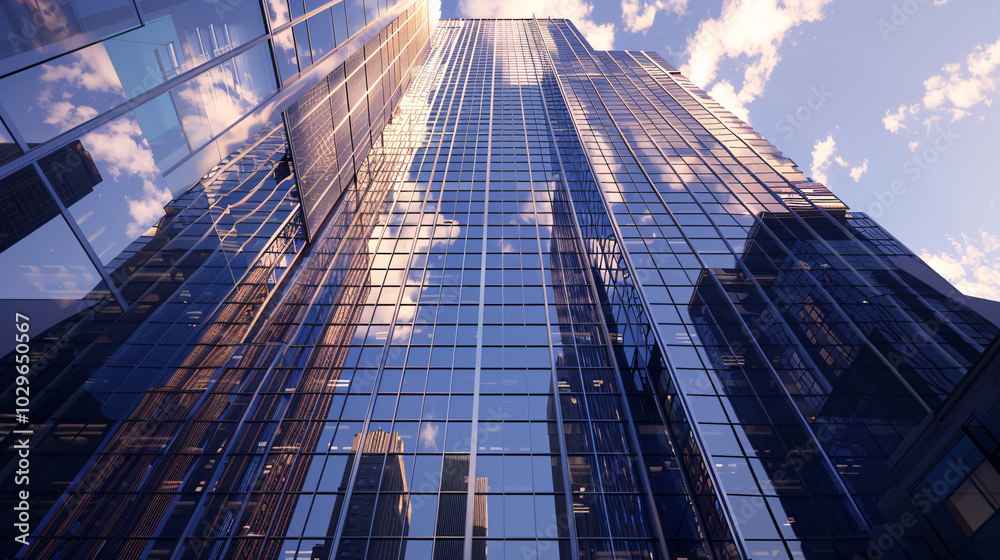 custom made wallpaper toronto digitalModern skyscraper reflecting clouds and blue sky in urban setting