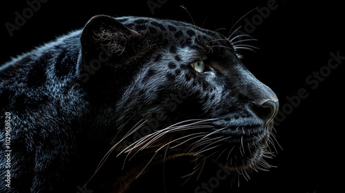 Close-up portrait of a black panther looking to the right against a dark background.