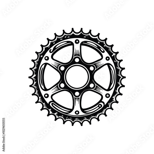 A black and white illustration of a bicycle chainring.