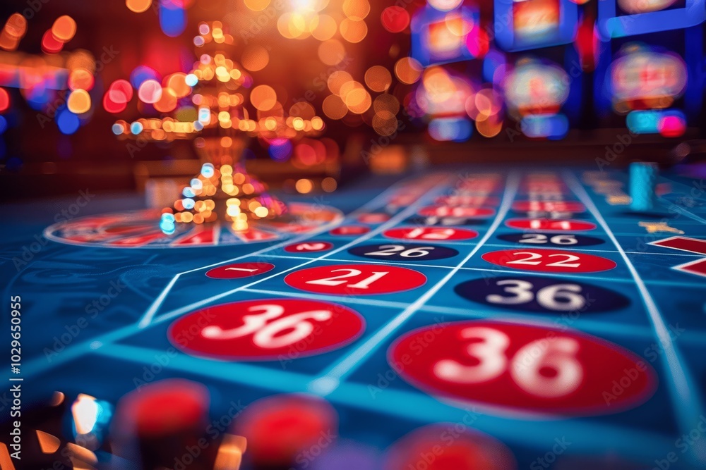Roulette Table Close Up in Casino with Colorful Chips and Blurred Background Roulette Table Close Up in Casino with Colorful Chips and Blurred Background