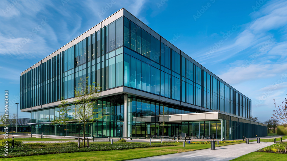Modern glass building with sleek design and clear blue sky Modern glass building with sleek design and clear blue sky