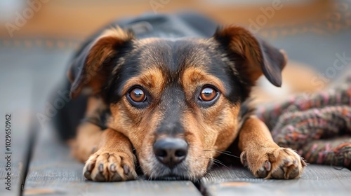 A black and brown dog with big eyes rests its head on its paws while staring directly at the camera.