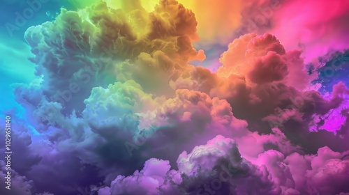 Colorful clouds with gradient hues of pink, purple, blue, and yellow in the sky. Concept of imagination, creativity, and vibrant atmosphere.