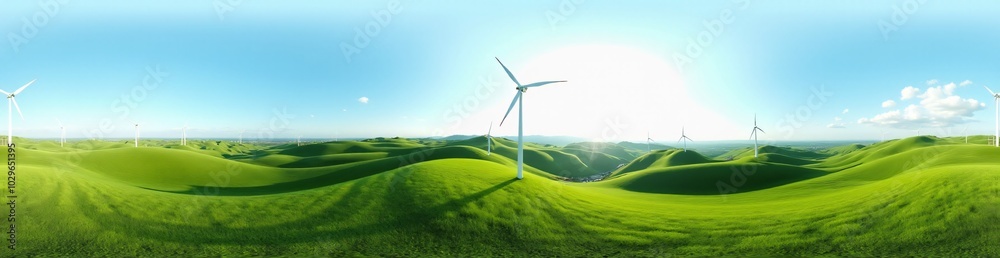 Fototapeta premium 360 degree Rolling Hills with Wind Turbines, 360 degree photo. HDRI spherical panorama.