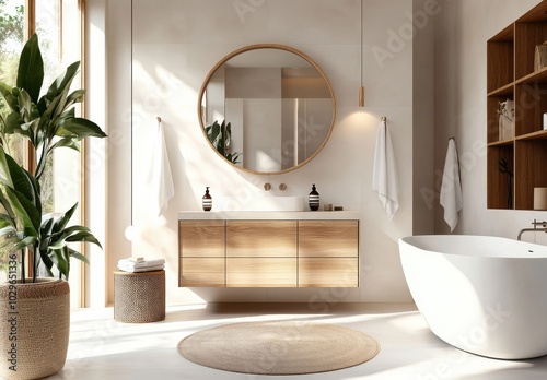 A serene bathroom with a wooden vanity, large mirror, bathtub, and plants. Minimalist and tranquil.