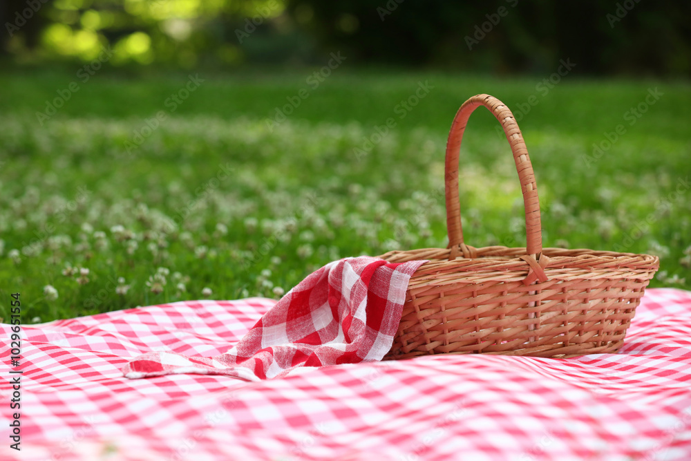 One picnic wicker basket with checkered napkin and blanket on green grass. Space for text One picnic wicker basket with checkered napkin and blanket on green grass. Space for text