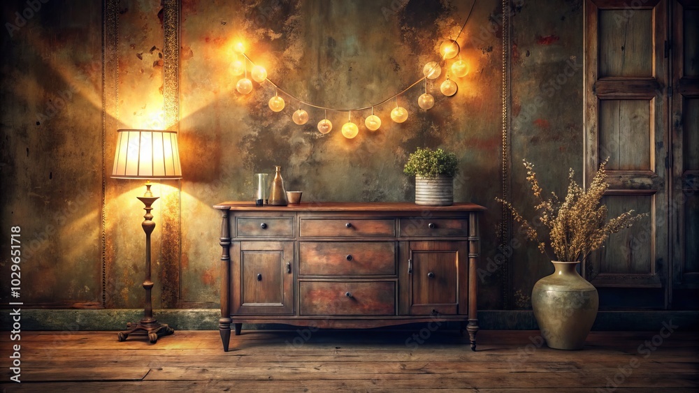custom made wallpaper toronto digitalGrunge living room featuring a vintage dresser captured in long exposure. Inspiring retro interior design through unique textures and moody ambiance. Perfect for creative spaces.