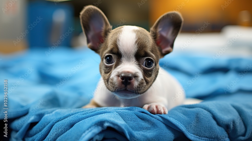 A cute French bulldog puppy with big brown eyes sits on a blue blanket looking at the camera. A cute French bulldog puppy with big brown eyes sits on a blue blanket looking at the camera.