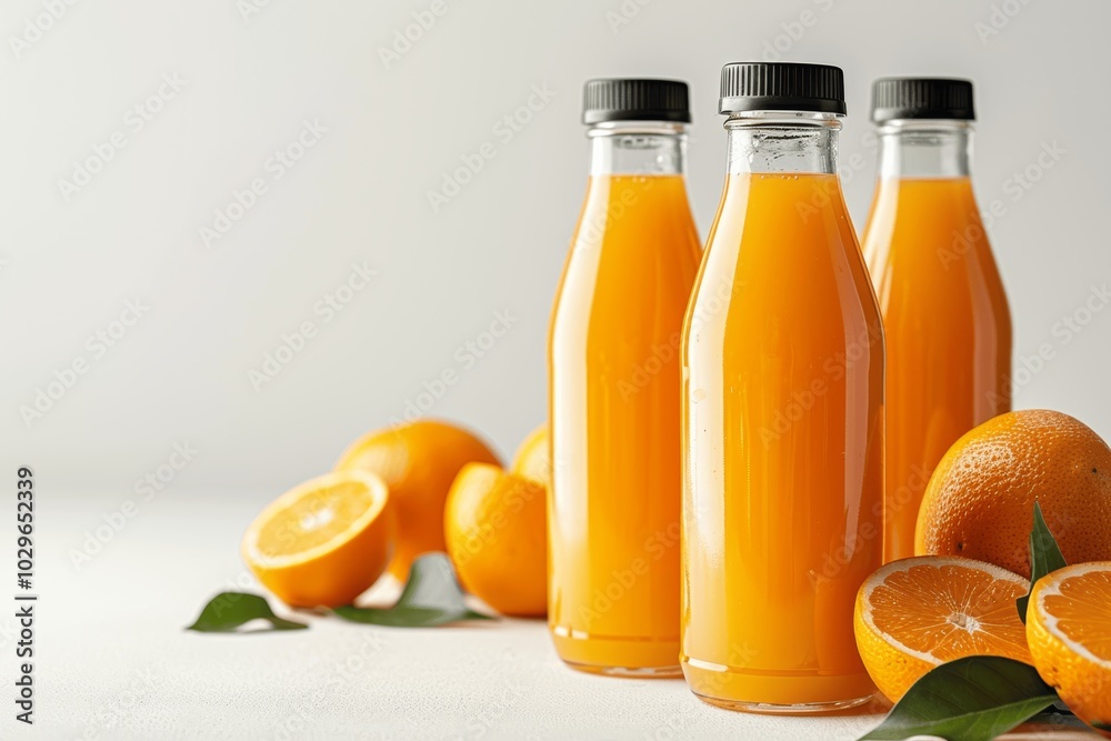 Three bottles of natural vegetable or fruit juices with black caps isolated on a white background Three bottles of natural vegetable or fruit juices with black caps isolated on a white background