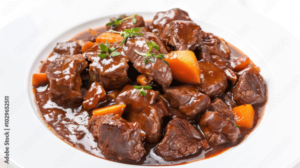 Delicious beef stew with tender meat, carrots, and rich gravy, garnished with fresh herbs, perfect for comforting meal Delicious beef stew with tender meat, carrots, and rich gravy, garnished with fresh herbs, perfect for comforting meal