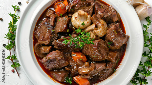 Delicious beef stew with tender meat, carrots, mushrooms, and herbs, simmered to perfection for hearty meal. comforting dish ideal for family gatherings photo