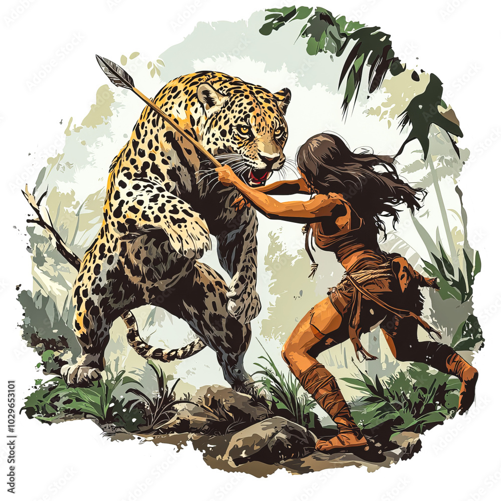 Woman faces off against jaguar with broken spear in wilderness Woman faces off against jaguar with broken spear in wilderness