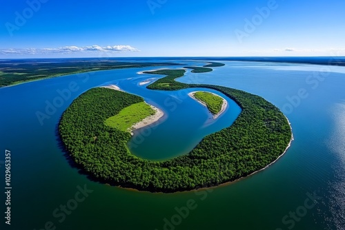 Curving river delta seen from above, branching like veins photo