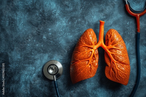 Human lungs model with stethoscope on blue background for medical concept and health awareness