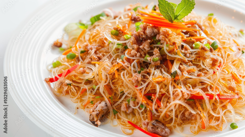 Delicious stir fried glass noodles with vegetables, meat, and fresh herbs create vibrant and flavorful dish that is visually appealing and satisfying Delicious stir fried glass noodles with vegetables, meat, and fresh herbs create vibrant and flavorful dish that is visually appealing and satisfying