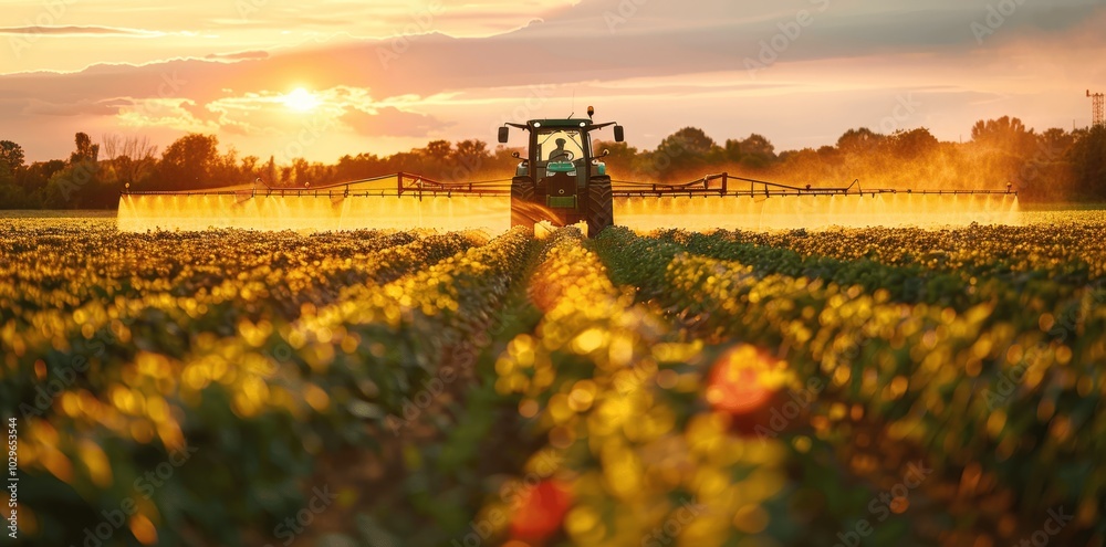 Tractor Spraying Crops at Sunset in a Rural Field Tractor Spraying Crops at Sunset in a Rural Field