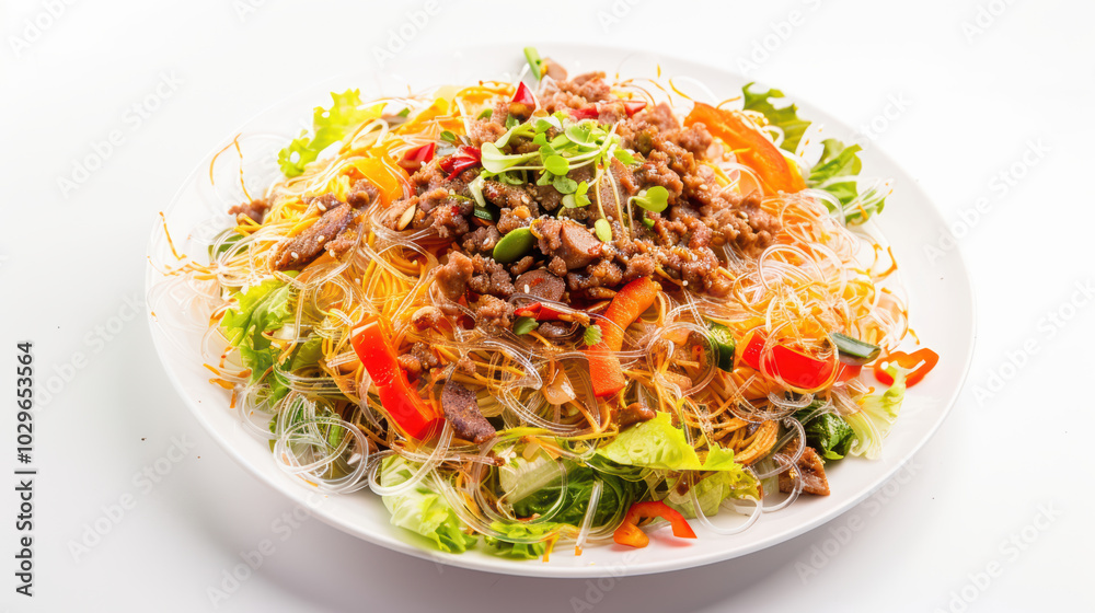 Delicious and colorful plate of stir fried glass noodles topped with savory minced meat, fresh vegetables, and vibrant herbs, perfect for satisfying meal Delicious and colorful plate of stir fried glass noodles topped with savory minced meat, fresh vegetables, and vibrant herbs, perfect for satisfying meal