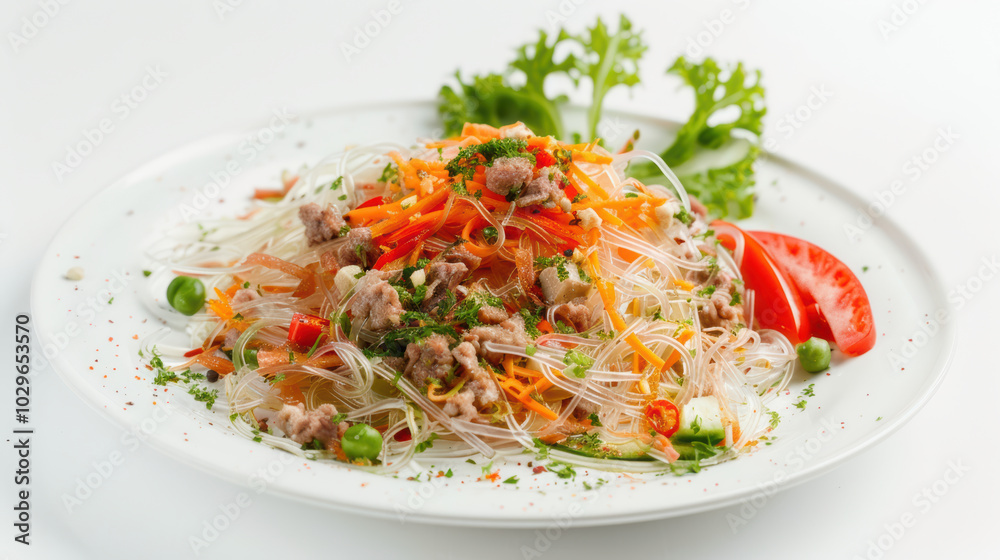Delicious glass noodles topped with minced meat, fresh vegetables, and herbs create vibrant and appetizing dish. colorful presentation is sure to entice anyone Delicious glass noodles topped with minced meat, fresh vegetables, and herbs create vibrant and appetizing dish. colorful presentation is sure to entice anyone