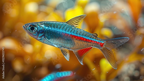 A single, small, colorful fish with a red stripe swims through the clear water of an aquarium.