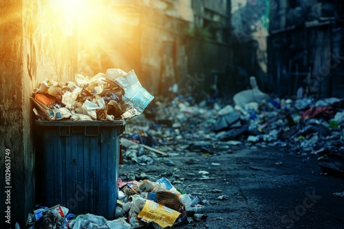 Overflowing dumpster in dirty alley with sunlight