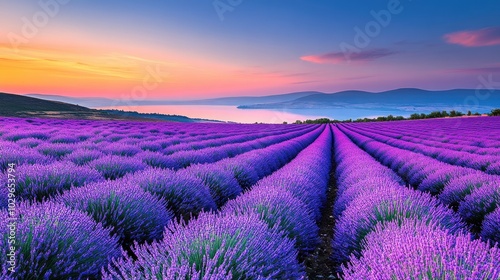 Lavender Field with a Lake and a Sunset Sky