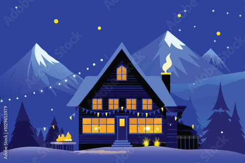 A cozy mountain chalet bathed in warm light, nestled amidst snow-covered peaks under a starry night sky.