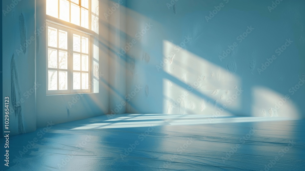 Light Blue Empty Room with Sun Rays Through Window, Serene and Calm Interior Design Light Blue Empty Room with Sun Rays Through Window, Serene and Calm Interior Design