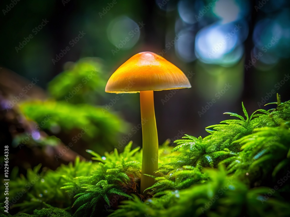 In a serene forest, a vibrant yellow-headed mushroom emerges from soft green moss, showcasing the simplicity and elegance of minimalist nature photography. In a serene forest, a vibrant yellow-headed mushroom emerges from soft green moss, showcasing the simplicity and elegance of minimalist nature photography.