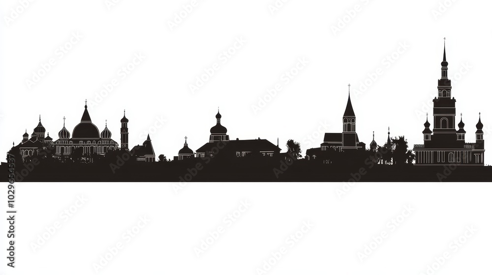 Fototapeta premium Donetsk city skyline silhouette featuring black buildings against a white background, illustrating key landmarks that highlight the blend of modern and historic architecture for business and tourism