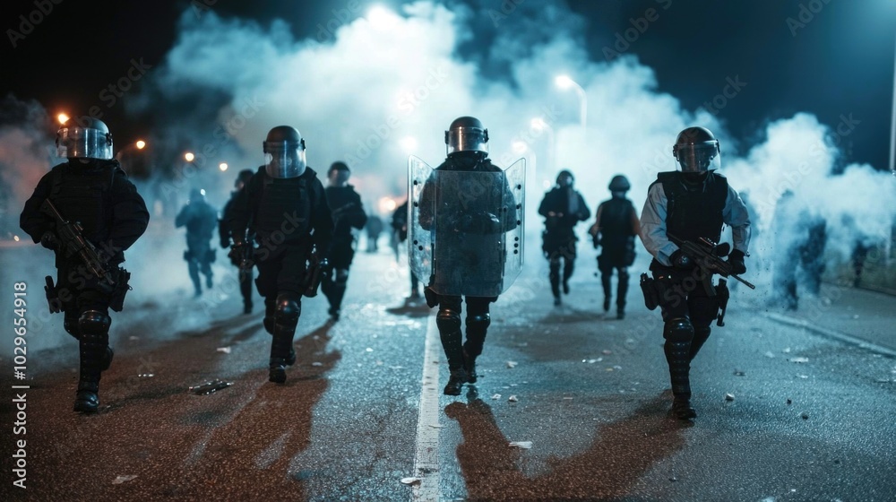 Urban chaos - riots with protesters clashing in city streets amid fire and smoke, depicting scene of emergency, violence, with police controlling situation during a major upheaval.