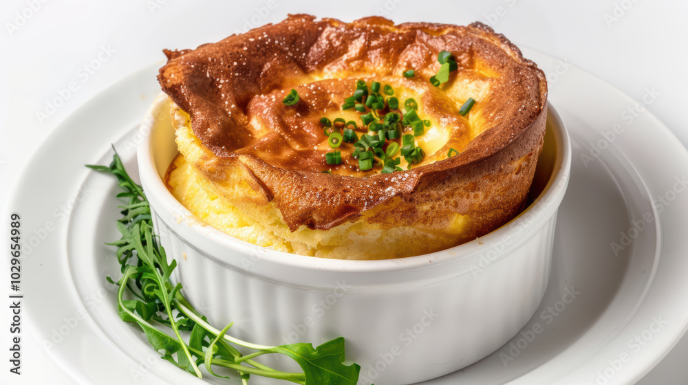 Delicious and fluffy cheese souffle served in white ramekin, garnished with fresh chives and accompanied by side of arugula. This dish is perfect for gourmet meal Delicious and fluffy cheese souffle served in white ramekin, garnished with fresh chives and accompanied by side of arugula. This dish is perfect for gourmet meal