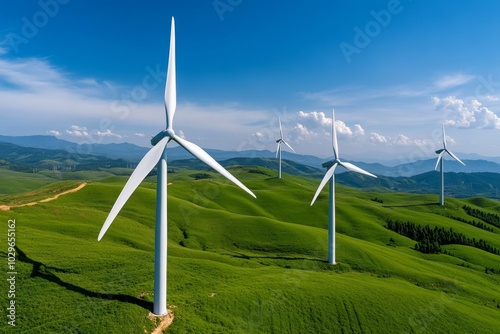 Futuristic wind turbines scattered across rolling hills, blending with the natural landscape photo