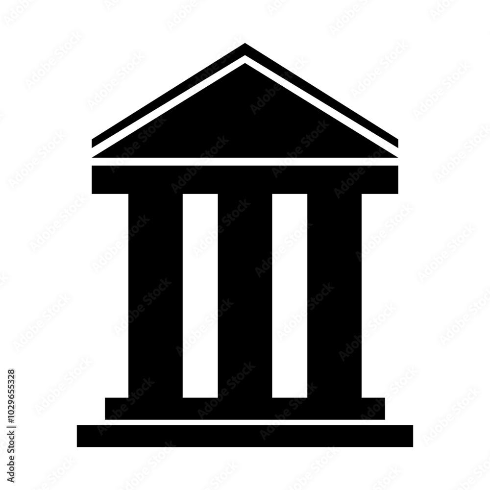 Simple black building icon with columns. Classic architectural structure. Flat design on white background. Simple black building icon with columns. Classic architectural structure. Flat design on white background.