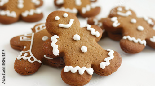 Gingerbread cookies shaped like cheerful gingerbread men, decorated with white icing, create festive and delightful atmosphere perfect for holiday celebrations