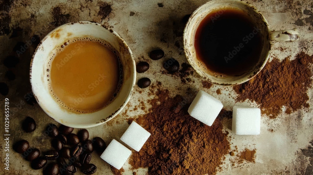Obraz premium Coffee and sugar on a rustic surface with coffee beans