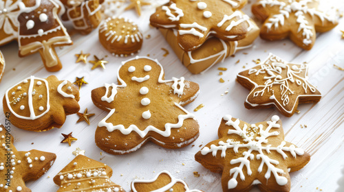 Delightful gingerbread cookies in festive shapes, including snowflakes, Christmas trees, and cheerful gingerbread man, decorated with white icing and sprinkles, perfect for holiday celebrations