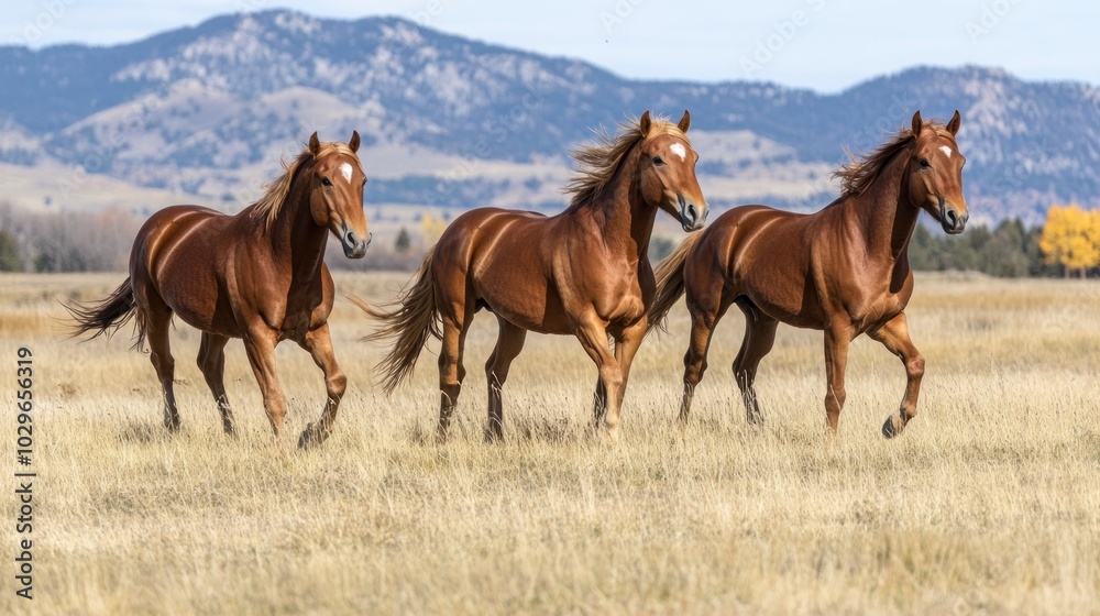 Three Chestnut Horses Running Through Tall Grass Three Chestnut Horses Running Through Tall Grass