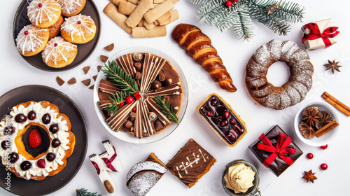 Delight in festive assortment of desserts, featuring cakes, pastries, and cookies, beautifully arranged with seasonal decorations. Perfect for holiday celebrations!