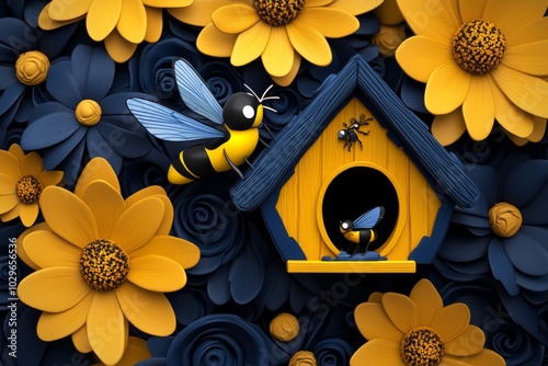 Illustrated insect house with playful, cartoonish designs photo