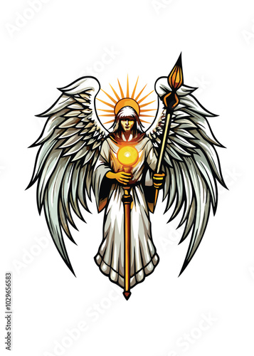 An angelic guardian with large, outstretched wings and a glowing, ethereal aura, holding a staff.